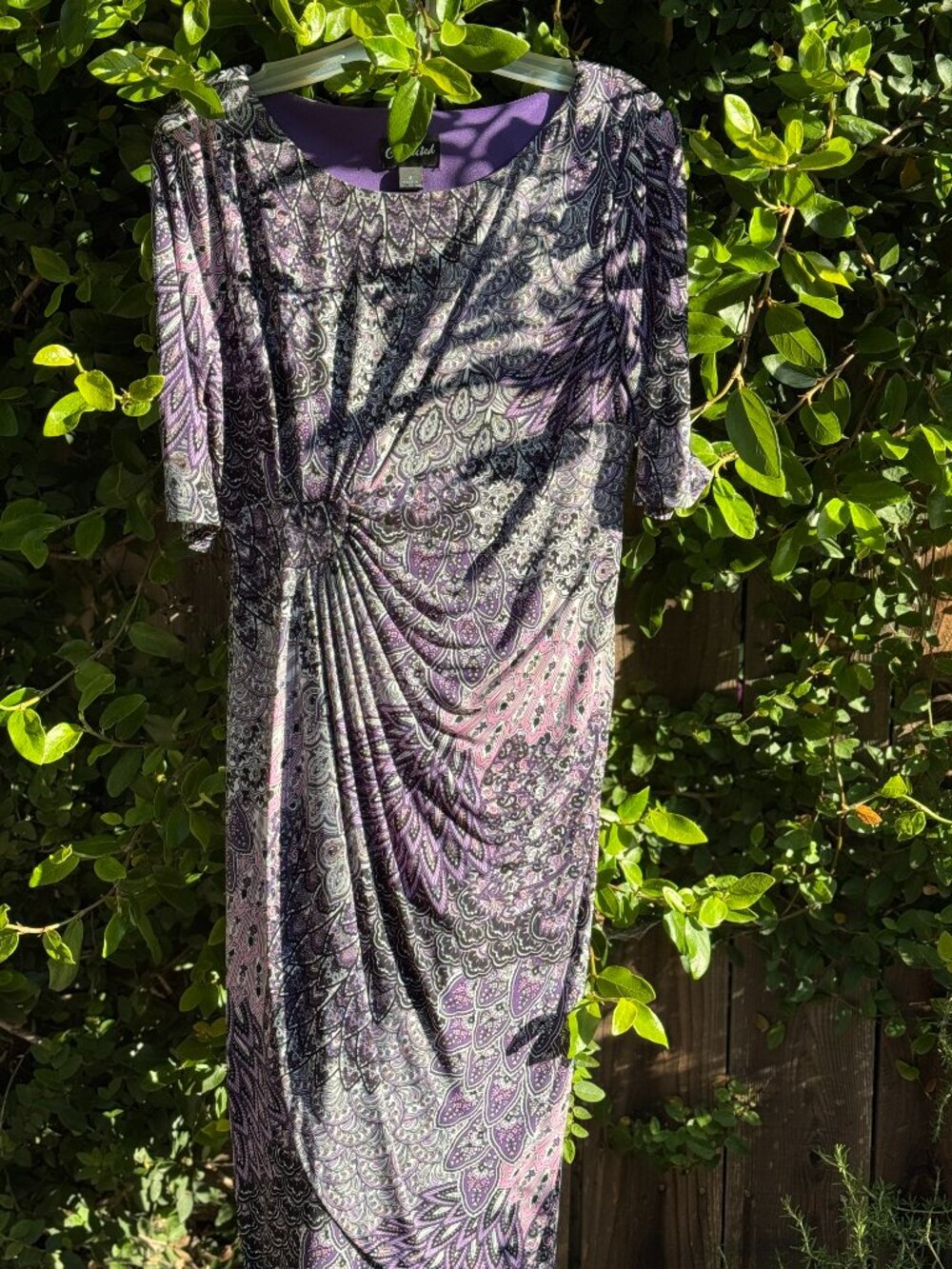 Purple Print Ruche Dress Connected Sz 8